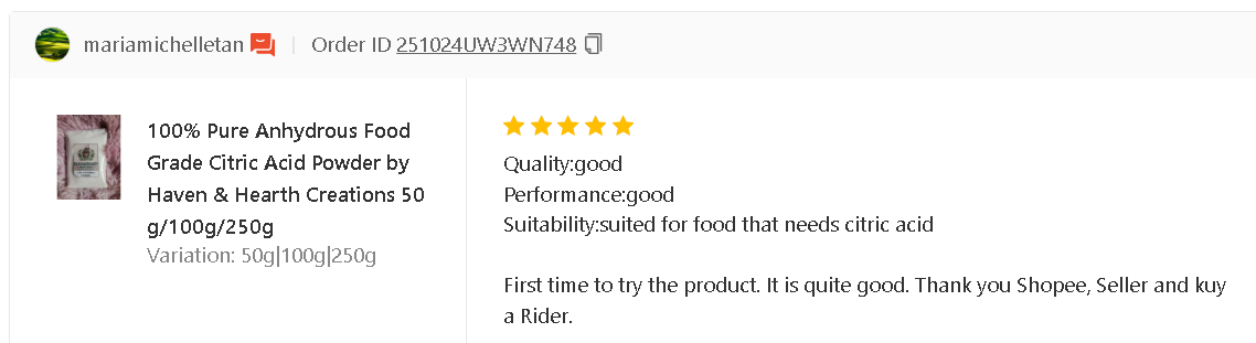 Food Grade Citric Acid Powder | 50g/100g/250g | Haven & Hearth Creations