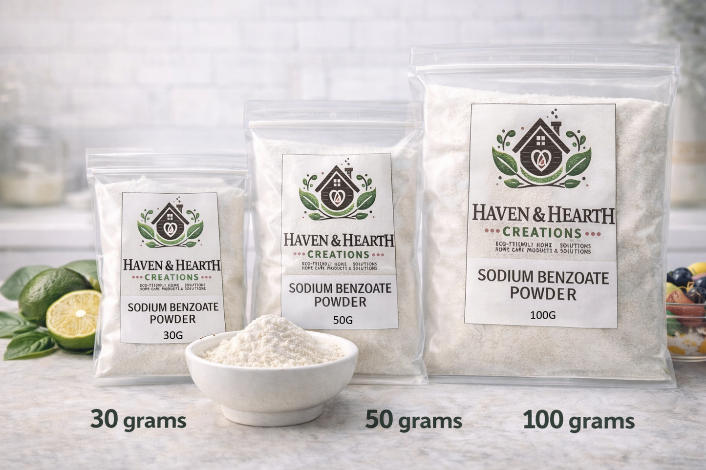 Food Grade Sodium Benzoate Powder | 100% Pure No Additives | 30g/50g/100g | Haven & Hearth Creations